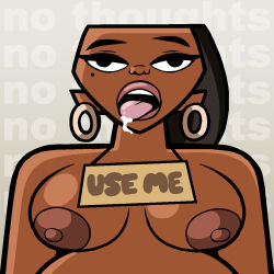  black_eyes black_hair brainless breasts dark_skin drool earrings english_text expressionless female_only femsub large_breasts leshawna long_hair mantra mole nipples nude open_mouth public_use sign simple_background singlesalt solo text tongue tongue_out topless total_drama wall_eyed 