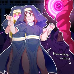  blonde_hair blush brown_hair cult femsub glowing_eyes green_eyes green_midori hypnotic_eyes hypnotic_light hypnotic_magic multiple_girls nun original pink_eyes resisting restrained staff talisman tears 