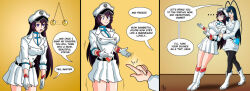 ahoge alerith bambietta_basterbine black_hair bleach boots brown_hair coin comic dialogue empty_eyes femdom femsub finger_snap giselle_gewelle happy_trance heavy_eyelids large_breasts leggings long_hair mannequin military_hat military_uniform pendulum shrunken_irises signature simple_background skirt smile speech_bubble text transfem transgender_identity trigger very_long_hair