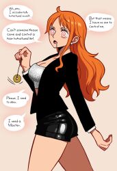 ai_art dialogue femsub long_hair nami_(one_piece) one_piece orange_hair self_hypnosis spiral_eyes text