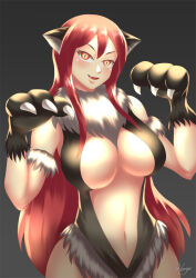 animal_ears blush breasts cleavage corruption erza_scarlet fairy_tail fangs femsub gradient_background hadant large_breasts long_hair midriff navel red_hair signature simple_background slit_pupils