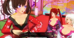3d blue_eyes blush breasts brown_hair chelsea_(mc_trap_town) dialogue female_only green_eyes kamen_writer_mc kimono large_breasts mc_trap_town multiple_girls red_eyes red_hair rina_(mc_trap_town) screenshot text translated white_hair