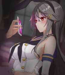  androgynous_dom bare_shoulders blush breasts brown_eyes brown_hair bunny_girl clothed cosplay empty_eyes eyebrows_visible_through_hair femsub grey_hair hair_ornament haruna_(kantai_collection) hypnotic_screen kantai_collection large_breasts long_hair phone sakamalh shimakaze_(kantai_collection) sideboob tagme 