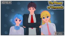 alice_(rollb) animated blonde_hair blue_eyes blue_hair clothed comic dialogue expressionless femsub jay_(rollb) kyla_(rollb) maledom pocket_watch ponytail purple_eyes rollb sitting spiral spiral_eyes text the_power_of_hypnosis video