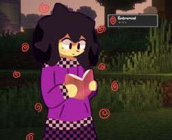 black_eyes black_hair blush book cami_kablamy clothed gameplay_mechanics happy_trance heart_eyes magic minecraft night non-binary non-binary_sub original skirt smile solo spiral standing sweater trees