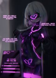 absurdres bangs bodysuit breasts breath cell_phone collar crotch_tattoo dialogue drone female_only femsub happy_trance jacket latex original pov pov_dom rokosan rubber short_hair smile solo tech_control text tight_clothing undressing visor wet wet_clothes white_hair