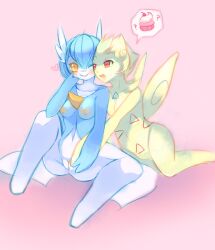  absurdres blonde_hair blush bottomless breasts drool femsub furry gardevoir green_hair gwen_(riley) nintendo non-human_feet nude open_mouth original personification pokemon pokemon_(creature) pokephilia raikissu red_eyes short_hair simple_background small_breasts smile togetic topless tori_(riley) wings yellow_eyes yuri 