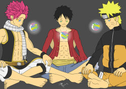 abs barefoot black_hair blonde_hair brynhexx fairy_tail feet happy_trance headband kaa_eyes magic male_only malesub monkey_d._luffy multiple_boys multiple_subs naruto_(series) naruto_uzumaki natsu_dragneel one_piece orb pink_hair scarf sitting