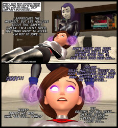 3d comic dc_comics dialogue femdom femsub grey_skin helen_parr large_breasts latinkaixa milf raven teen_titans text the_incredibles