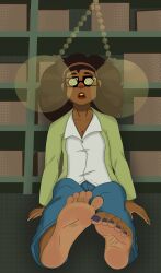  brown_hair dark_skin dazed diya_dinkley_(velma_series) feet foot_focus glasses milf pants pocket_watch sitting solestone spiral_eyes velma_(series) 