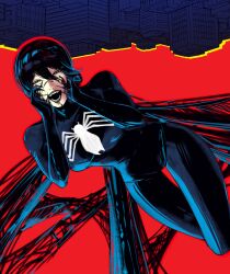 absurdres alien alternate_costume androgynous_dom black_lipstick breasts chainsaw_man corruption crossover femsub hand_on_head lipstick living_costume looking_at_viewer marvel_comics open_mouth parasite possession reze_(chainsaw_man) short_hair skinny_argonian spider-man_(series) symbiote venom_(marvel)