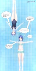  3d aoi_(hypnolordx) blue_hair custom_maid_3d_2 dialogue empty_eyes female_only femsub floating happy_trance hinata_hikari_(hypnolordx) hypnolordx long_hair mother_and_daughter pool short_hair swimsuit water 