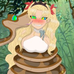  blonde_hair blush coils complex_background crossover disney drool ereshkigal_(fate) fate/grand_order fate_(series) femsub goddess heterosexual hypnotic_eyes jungle kaa kaa_eyes kaacommissionss licking long_hair maledom outdoors restrained smile snake the_jungle_book tongue tongue_out twintails 