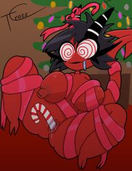 black_hair bondage christmas christmas_tree demon demon_girl drool femsub happy_trance helluva_boss improvised_dildo millie_(helluva_boss) nude spiral_eyes spiralwash_eyes spread_legs tagme tcross