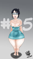    bare_shoulders black_hair breasts dazed dress female_only femsub gradient_background hypnovember nipples nominddetected open_mouth original shoes signature simple_background solo standing tech_control thick_thighs topless undressing visor 