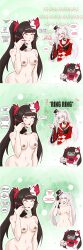  absurdres altered_perception black_hair comic confused green_background honkai_star_rail mask multiple_subs red_eyes sequence sparkle_(honkai_star_rail) sparxie syas-nomis symbol_in_eyes text topless trigger twintails unaware undressing white_hair 
