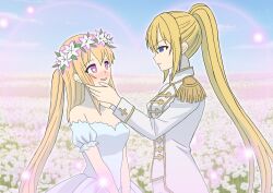 aura bare_shoulders basutabesutasu blonde_hair blue_eyes blush character_request charm_(spell) clothed copyright_request dress female_only femdom femsub flower flower_crown hand_on_another&#039;s_cheek happy_trance heart_eyes outdoors ponytail smile symbol_in_eyes tagme very_long_hair yuri