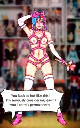 dollification english_text female_only femsub gloves harness mspainter multicolored_hair nude original sharon_(mspainter) sidecut smile speech_bubble thighhighs whitewash_eyes