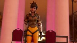  3d animated animated_gif breasts brown_hair chicken_pose clothed crossed_eyes d.va dazed earrings female_only femsub happy_trance jewelry large_breasts laughing long_hair multiple_girls open_mouth overwatch pet_play short_hair smile stage stage_hypnosis tracer vynil 
