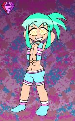  abs aged_up arms_above_head bare_shoulders collarbone eyebrows_visible_through_hair green_hair happy_trance hypnoscream large_ass leo looking_at_viewer malesub muscle_boy navel open_clothes ponytail posing pride_colors scars shiny_hair shiny_skin short_shorts simple_background smile solo spiralwash_eyes standing transgender_identity transmasc vest yellow_eyes yu-gi-oh! yu-gi-oh!_5d's 