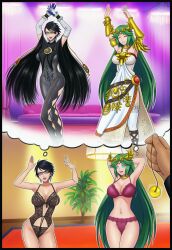 ai_art armor bayonetta bayonetta_(series) black_hair catsuit circlet dancing dress empty_eyes femsub gloves green_hair happy_trance hellsing002_(generator) jewelry kid_icarus large_breasts lingerie lipstick long_hair maledom nail_polish nintendo palutena pendulum short_hair smile super_smash_bros.