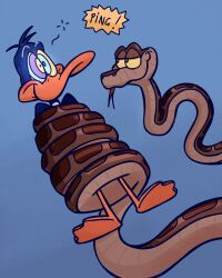  bare_shoulders blue_background coils crossover daffy_duck disney english_text feet forked_tongue furry glowing_eyes hanging_down happy_trance kaa kaa_eyes looney_tunes male_only maledom malesub mesmirised ping ring_eyes simple_background snake text the_jungle_book tongue tongue_out yellow_sclera 