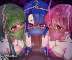  bangs bare_shoulders blowing_kiss blowjob_face blue_eyes blue_hair blush breast_press breasts catria_(fire_emblem) cleavage erection est_(fire_emblem) eyebrows_visible_through_hair fellatio fellatio_under_mask femsub fire_emblem fire_emblem_mystery_of_the_emblem glowing glowing_eyes green_eyes green_hair hair_ornament hairpin happy_trance harem_outfit headdress heart heart_eyes jewelry large_breasts large_penis long_hair looking_at_viewer maledom midriff multiple_girls multiple_subs necklace nintendo one_eye_open open_mouth oral palla_(fire_emblem) penis pink_eyes pink_hair ryncka sex short_hair smile sweat symbol_in_eyes tongue tongue_out tube_top veil wink 