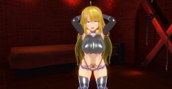  3d ahegao ahoge arms_above_head blonde_hair blue_eyes boots cello crotch_tattoo custom_maid_3d_2 erect_nipples_under_clothes eye_roll female_only femsub gloves long_hair solo tattoo thigh_boots thighhighs tongue tongue_out 