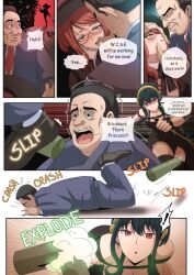 absurdres accidental_hypnosis bare_shoulders black_hair breasts cleavage clothed comic doggos_doujins dress drool earrings empty_eyes english_text eyebrows_visible_through_hair femsub glasses green_eyes hair_ornament hat hypnotic_gas jewelry large_breasts long_hair maledom multiple_girls multiple_subs open_mouth red_eyes red_hair right_to_left speech_bubble spy_x_family suit surprised sylvia_sherwood text tie tongue tongue_out weapon yor_briar