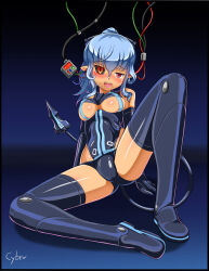  bare_shoulders black_sclera blue_hair blush boots brain_drain breasts busou_shinki cables corruption cyber drool female_only femsub gloves gradient_background heterochromia leotard looking_at_viewer open_mouth ponytail red_eyes signature sitting solo spread_legs tail tan_skin tears tech_control thigh_boots thighhighs tongue underboob valona_(busou_shinki) wires 