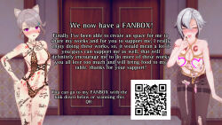 3d advertisement animal_ears arlecchino_(genshin_impact) black_hair bottomless breasts closed_eyes dannos dialogue english_text female_only femsub genshin_impact grey_hair lynette_(genshin_impact) multicolored_hair multiple_girls multiple_subs nipples nude purple_eyes qr_code swimsuit text topless