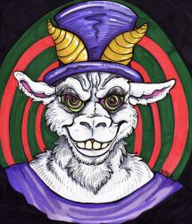 furry goat_boy hat horns hypnotic_eyes looking_at_viewer nightmare_fuel original pov pov_sub short_hair smile spiral_eyes symbol_in_eyes van-weasel white_hair