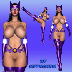  3d belt black_hair bottomless breasts collarbone dc_comics earrings erect_nipples expressionless female_only femsub huge_breasts huntress hypnoman jewelry long_hair multiple_views nude pussy red_lipstick solo standing standing_at_attention super_hero thick_thighs thighhighs topless white_eyes 