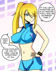 bangs blonde_hair blue_eyes bracelet breasts clothed dialogue female_only hair_covering_one_eye hand_on_hip long_hair looking_at_viewer metroid_(series) midriff navel nintendo ponytail pov samus_aran shorts simple_background sortish text tight_clothing