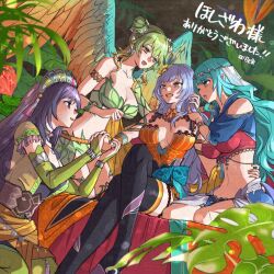  bare_shoulders blue_hair cleavage crossed_legs empty_eyes female_only femdom femsub flower flower_in_hair green_hair happy_trance harem holding_hands large_breasts licorice_(romancing_saga_2) long_hair midriff minorudonguri navel purple_hair rocbouquet romancing_saga romancing_saga_2 sitting sophia_(romancing_saga_2) square_enix thighhighs windy wings yuri 