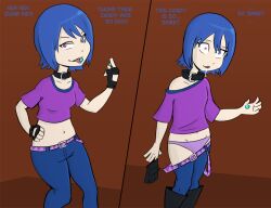 age_regression blue_hair candy character_request collar collarbone drool female_only femsub goth heterochromia hypnotic_food jeans manip mr.h open_mouth original panties short_hair shrunken_irises solo text tongue tongue_out underwear undressing