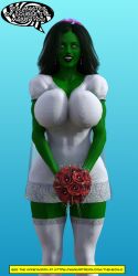  3d bouquet clothed dialogue earrings female_only femsub flower gradient_background green_hair green_skin happy_trance large_breasts marvel_comics muscle_girl open_mouth she-hulk simple_background smile solo speech_bubble spiralwash_eyes standing super_hero text theheckle thighhighs wedding_dress 