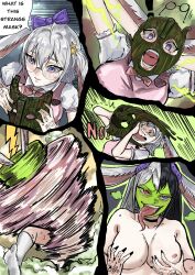 ampt3269 arms_above_head bare_shoulders black_hair blush body_writing breasts bunny_ears bunny_girl character_request cleavage corruption dialogue english_text eye_color_change femsub glasses grey_hair hair_color_change happy_trance heart heterochromia hypnotic_mask large_breasts living_costume long_tongue mask multicolored_hair nail_polish possession purple_eyes red_eyes smile speech_bubble surprised sweat symbol tattoo tears text the_mask tongue tongue_out topless transformation