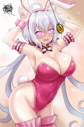  ahoge armpits bare_shoulders blush breasts bunny_ears bunny_girl bunnysuit cleavage coin collarbone cuffs female_only femsub glowing glowing_eyes hair_ornament huge_breasts large_hips leotard long_hair looking_at_viewer manip misterman4_(manipper) open_mouth pendulum r-binon resisting senki_zesshou_symphogear silver_hair spiral_eyes sweat symbol_in_eyes tagme thighhighs thighs tongue trembling twintails unhappy_trance yukine_chris 