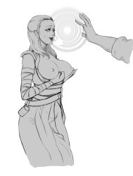absurdres breast_grab breasts breath dochyde drool femsub greyscale groping happy_trance jedi_mind_trick kylo_ren large_breasts long_hair maledom monochrome open_clothes open_mouth open_shirt rey_(star_wars) robe sketch smile star_wars sweat undressing