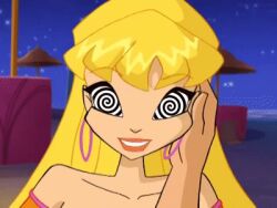  animated animated_gif blonde_hair breasts earrings femsub happy_trance jewelry open_mouth smile spiral_eyes stella_(winx_club) symbol_in_eyes very_long_hair winx_club 