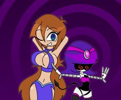 armpits arms_above_head bare_shoulders blue_eyes bottomless brown_hair cleavage cleavage_cutout dancer dancing eyebrows_visible_through_hair eyelashes female_only femdom femsub gradient_background harem_outfit hypnoscream hypnotic_dance jewelry kingdom_hearts large_breasts large_hips long_hair looking_at_viewer murder_drones navel no_panties original purple_background purple_hair red_eyes ring_background ring_eyes robot robot_girl setchia_xine_(hypnoscream) shiny_hair shiny_skin short_hair shortstack side_slits sideboob smile spiral_eyes straight-cut_bangs tail tan_skin thighhighs underboob wink yeva_(murder_drones)