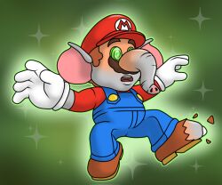  animal_transformation brynhexx gloves glowing green_eyes hat male_only malesub mario mustache nintendo open_mouth simple_background solo spiralwash_eyes super_mario_bros. super_mario_bros._wonder text torn_clothes transformation 