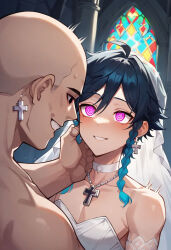 ai_art bald bare_shoulders bra choker cross earrings esccc_(generator) femboy flower flower_in_hair genshin_impact happy_trance jewelry leotard looking_at_viewer male_only maledom malesub multicolored_hair music necklace open_mouth pantyhose pink_eyes preview ring_eyes sitting smile solo sweat twin_braids underwear veil venti_(genshin_impact) wedding_dress 