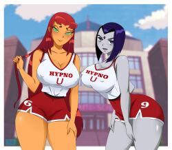  alien alien_girl blush breasts cleavage collarbone dc_comics erect_nipples erect_nipples_under_clothes female_only femsub ghostlessm grey_skin gym_uniform huge_breasts leaning_forward long_hair looking_at_viewer multiple_girls multiple_subs outdoors purple_hair raven red_hair short_hair short_shorts smile spiral spiral_eyes sportswear starfire super_hero symbol_in_eyes tan_skin tank_top teen_titans thick_thighs 