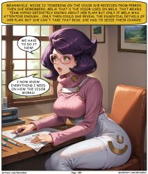 ai_art devianbar dialogue glasses large_breasts nintendo pokemon pussy short_hair team_hypno text wicke