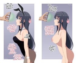  absurdres ai_art before_and_after black_hair blue_eyes border bunny_ears bunny_girl bunnysuit collar cuffs dialogue drool gradient_background guilegaze_(generator) guilegaze_(manipper) hair_clips hair_ornament instant_loss large_breasts leotard long_hair mai_sakurajima nipples nude open_mouth rascal_does_not_dream_of_bunny_girl_senpai standing text 