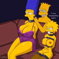  aged_up ball_gag bart_simpson blue_hair body_writing bondage breasts brother_and_sister choker dialogue empty_eyes evil_smile expressionless femsub large_breasts lisa_simpson maledom marge_simpson milf mother_and_daughter mother_and_son multiple_girls multiple_subs nightgown nude smile text the_simpsons vylfgor yellow_skin 