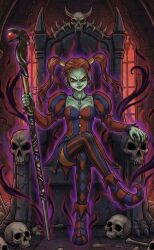  ai_art alternate_color_scheme alternate_costume aura breasts choker cleavage clothed corruption cosplay costume crossed_legs dhoulmagus dragon_quest_(series) dragon_quest_viii earrings evil_smile eye_color_change femsub green_skin high_heels jessica_albert jester maledom mitsuki_(generator) nail_polish possession red_eyes rhapthorne sitting smile square_enix staff thighhighs thighs veins weapon 