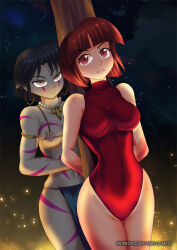 akane_tendo arm_bands blue_hair body_markings breasts brown_eyes brown_hair clothed_exposure dancing earrings empty_eyes evil_smile female_only femsub hadant happy_trance jewelry loincloth micro_bikini nabiki_tendo necklace one-piece_swimsuit ranma_1/2 short_hair signature smile swimsuit tattoo tribal tribal_tattoo
